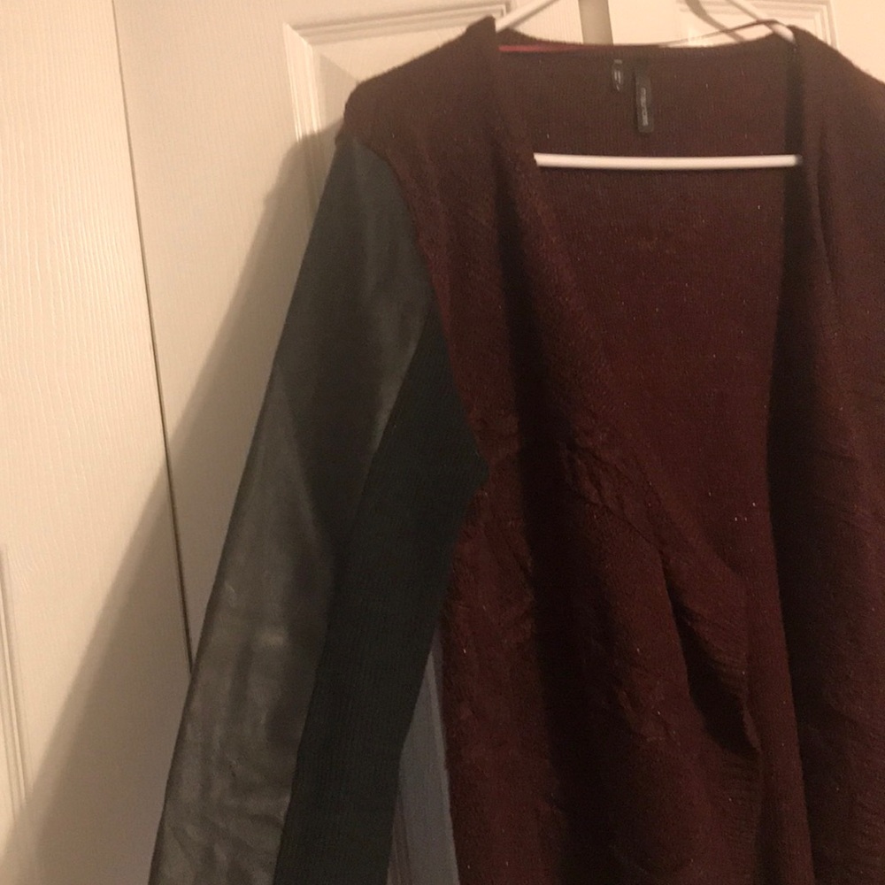 Sweater cardigan with leather accented sleeves